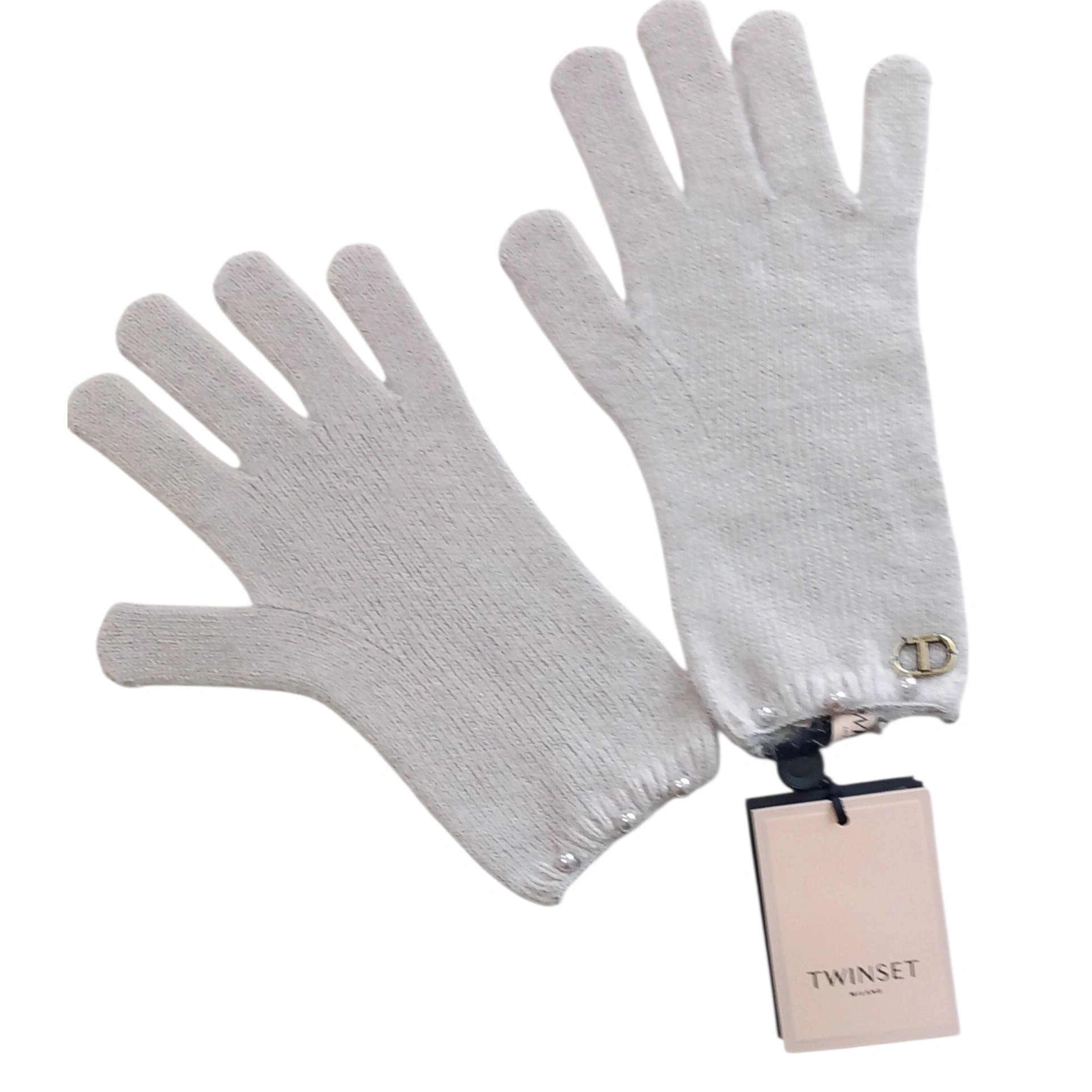 Twinset milano guanti donna grigi in maglia con perline e logo metallico 1 30375839