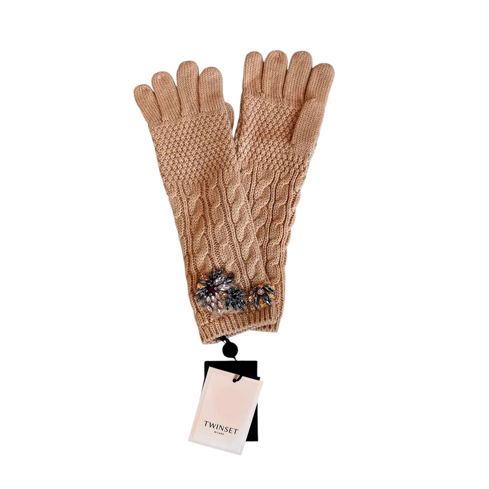 Twinset milano guanti donna marroni in maglia con lavorazione trecce e gioiello 1 30375843