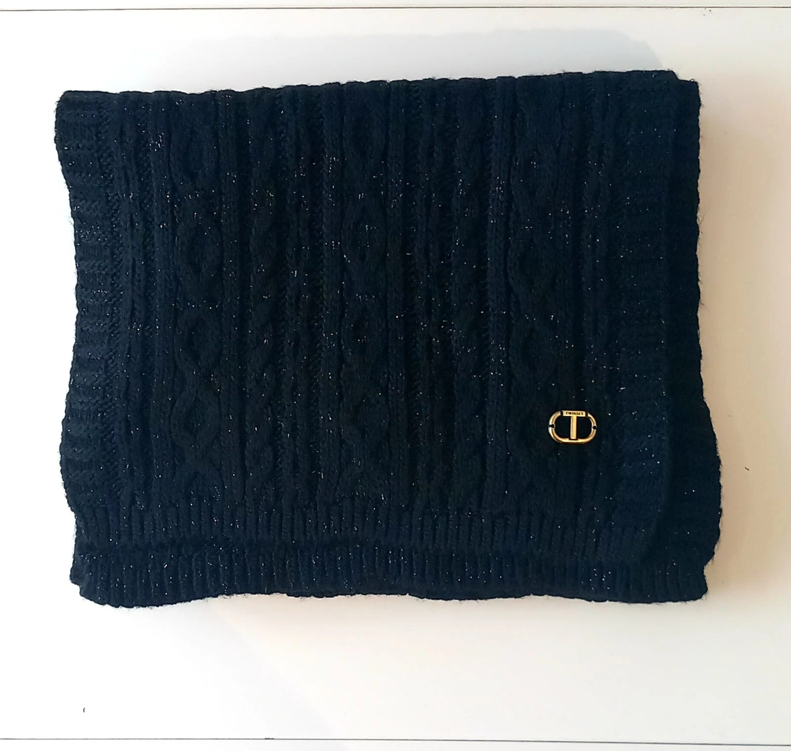 Twinset sciarpa donna nera in maglia intrecciata con logo metallico 1 30375874