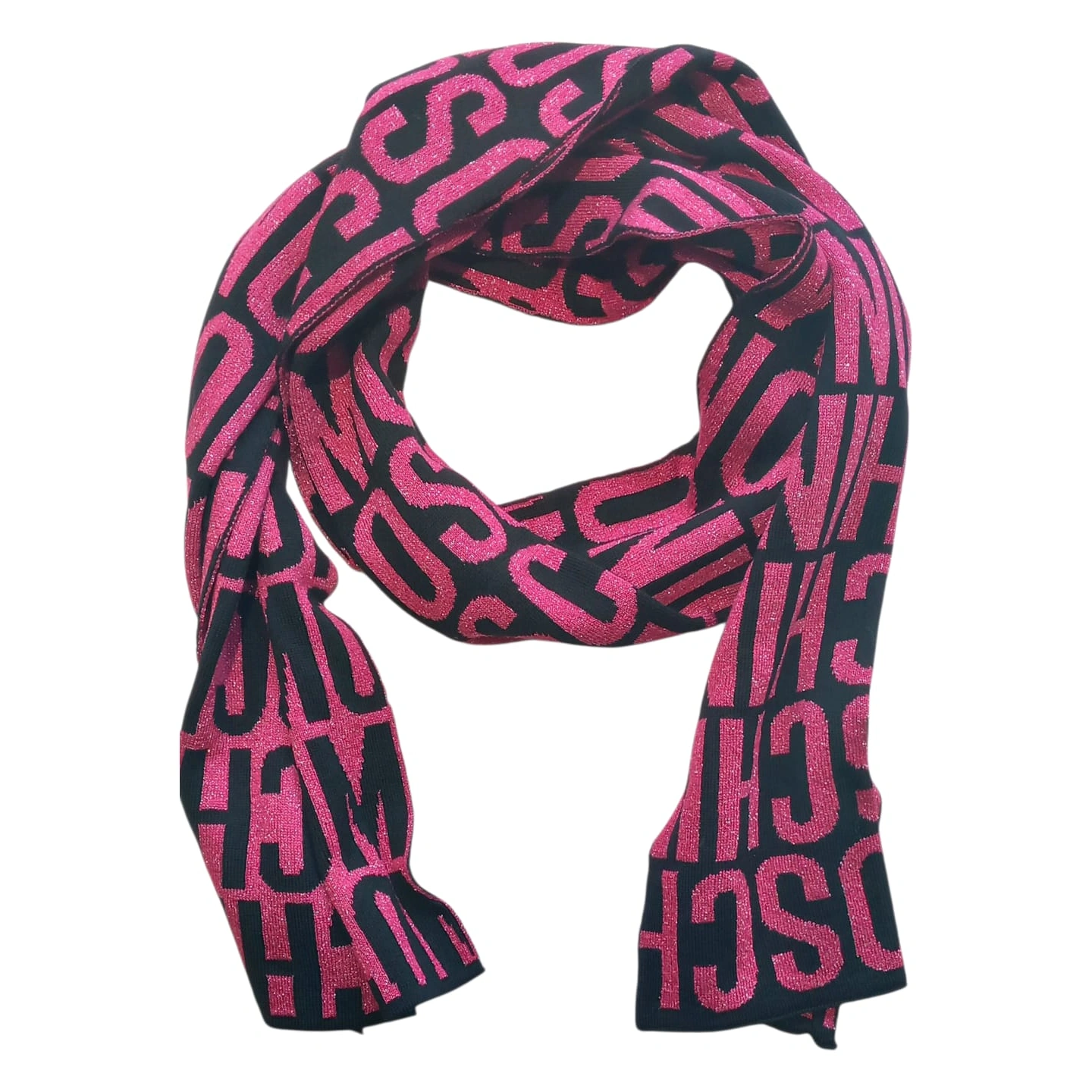 Sciarpa moschino – nera con maxi logo rosa fucsia glitter 1 30377216