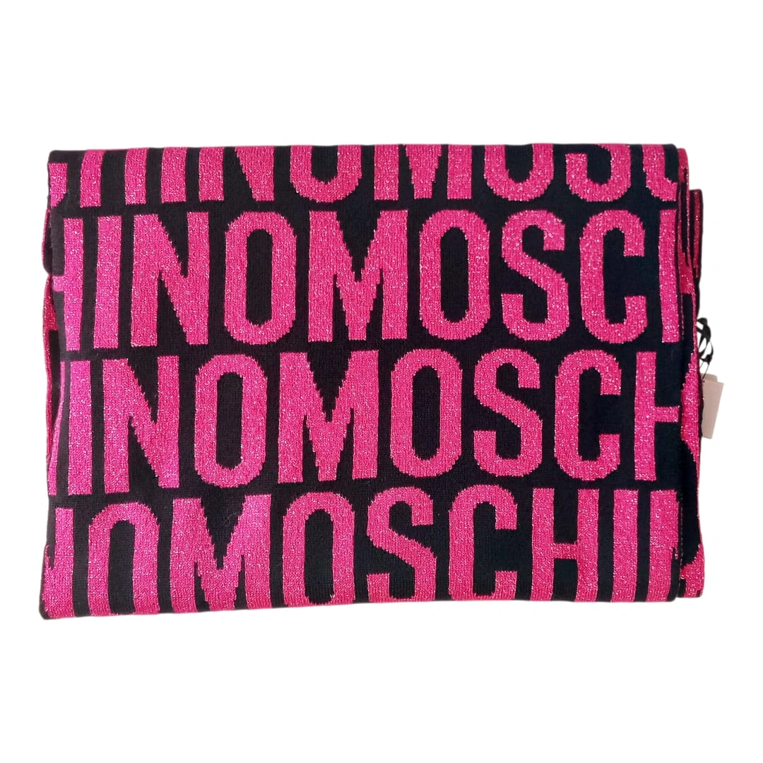 Sciarpa moschino – nera con maxi logo rosa fucsia glitter 2 30377221