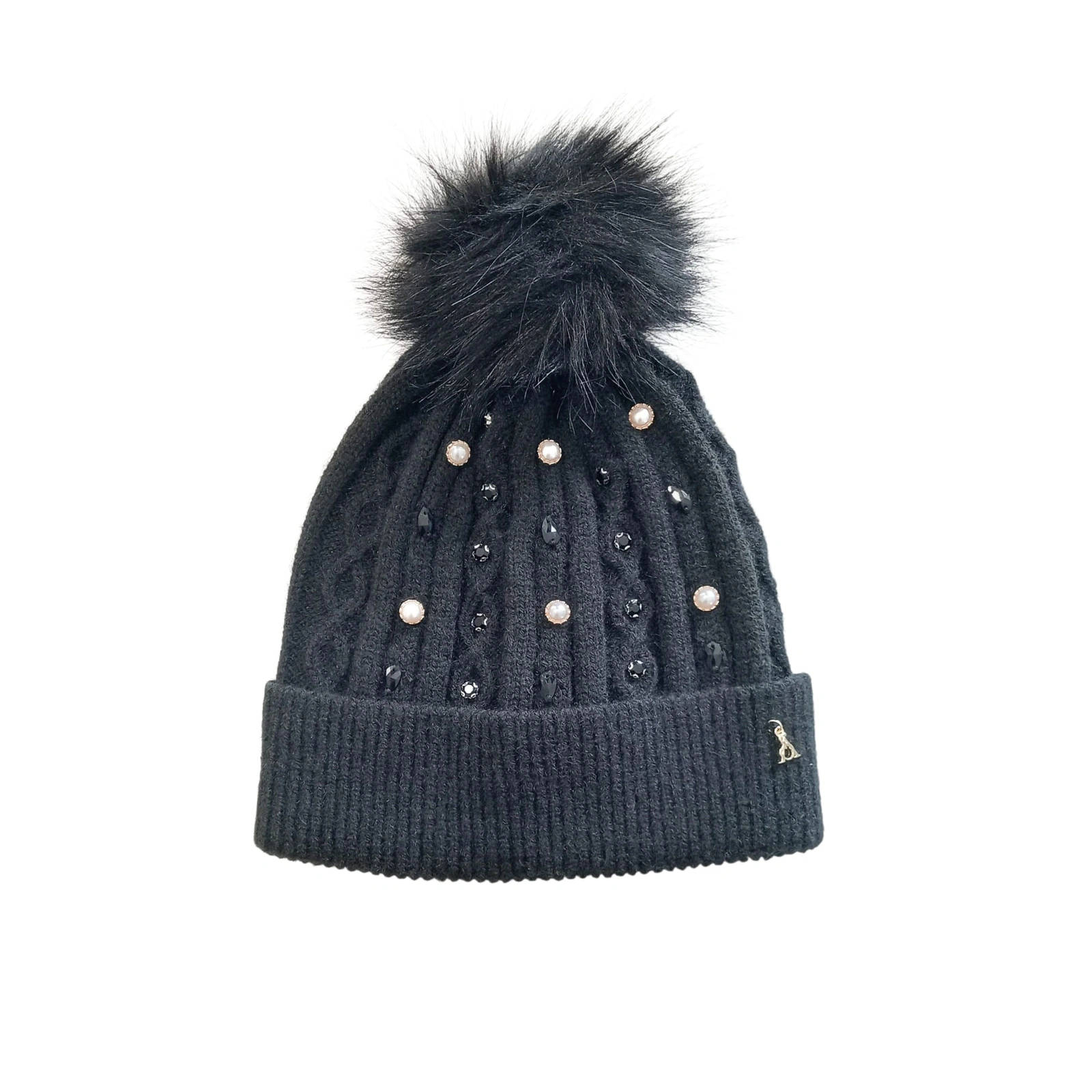 Atelier du sac cappello donna nero in lana con pompon e perline applicate 1 30381563