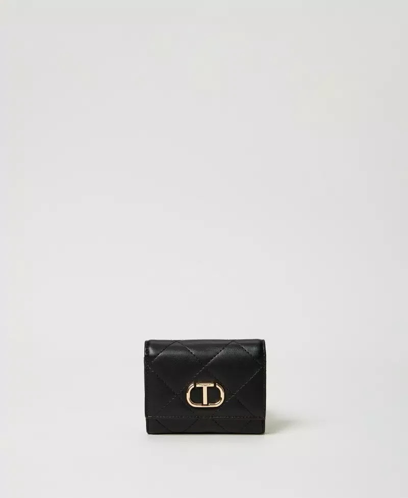 Twinset portafoglio donna piccolo in pelle trapuntata nera con logo oro 1 30389875