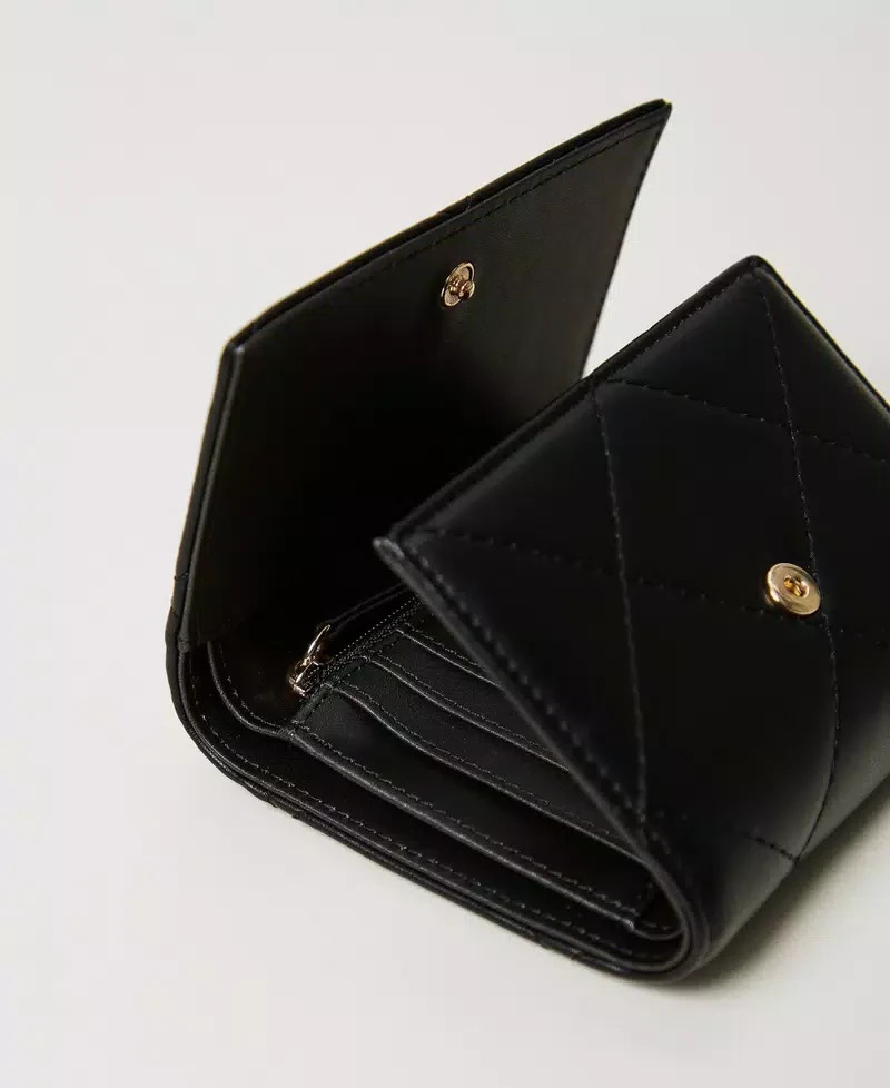 Twinset portafoglio donna piccolo in pelle trapuntata nera con logo oro 2 30389876