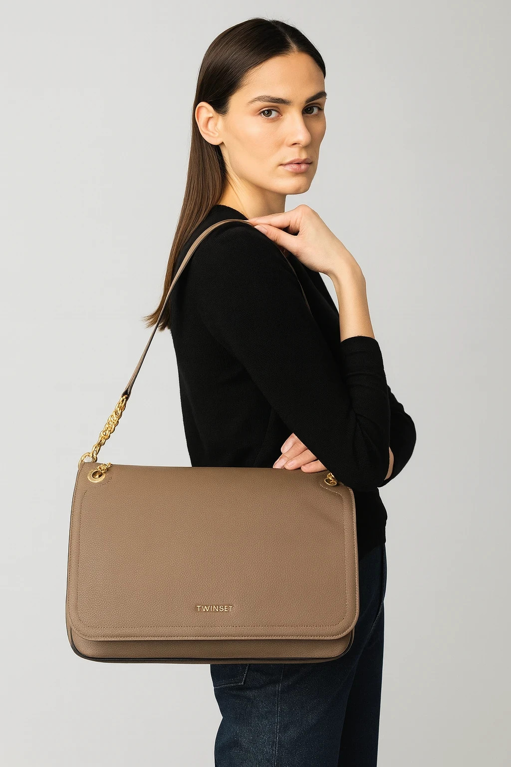 Twinset borsa a tracolla donna pelle sintetica marrone taupe con dettagli oro 1 30389895