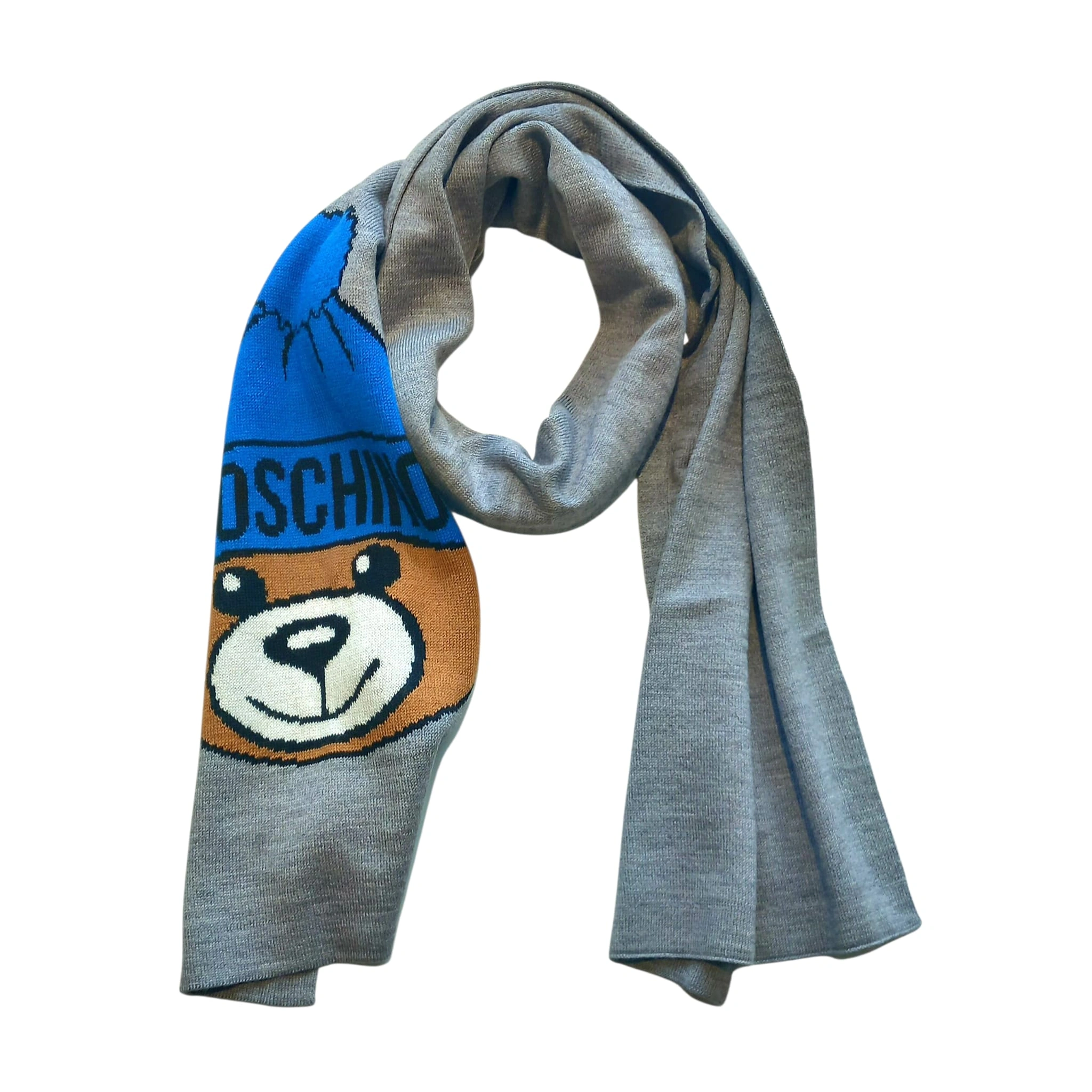 Sciarpa moschino – grigia con teddy bear e dettaglio cappellino blu 2 30395225